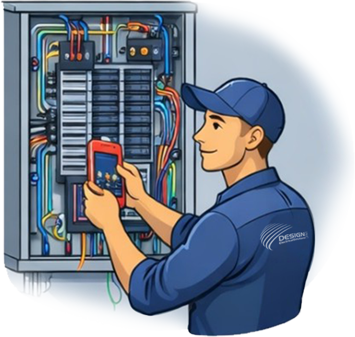 Illustration of electrician working on electrical panel