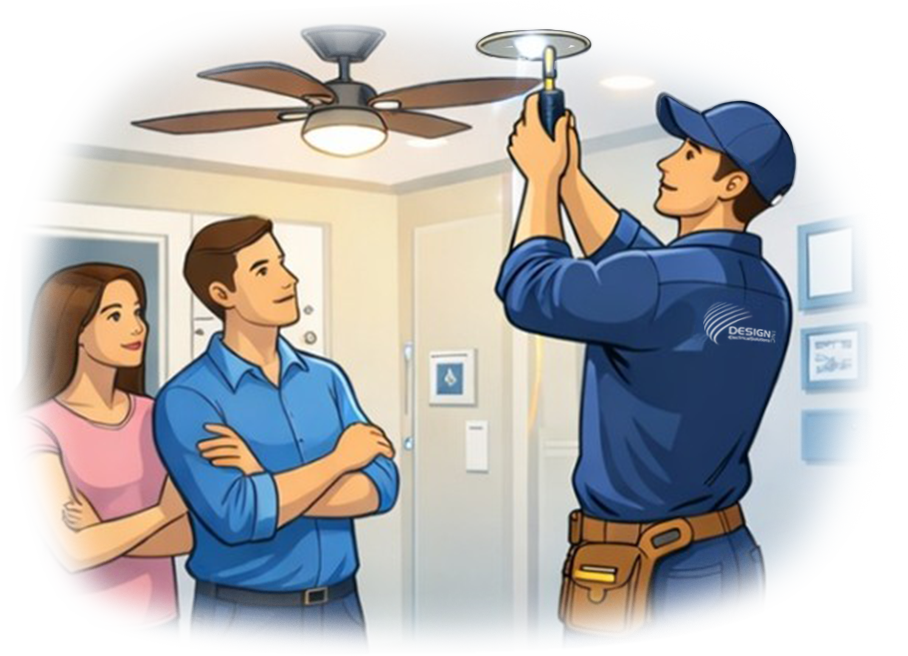 Illustration of electrician installing kight fixture